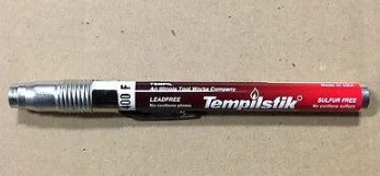 Tempilstik temperature indicating crayon and digital contact thermometer used for measuring preheat temperature before welding