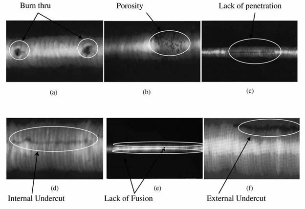 Radiographic testing RT radiograph showing weld defects as dark indications on film