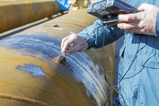 Ultrasonic testing UT of a weld showing transducer probe on weld surface and A-scan display