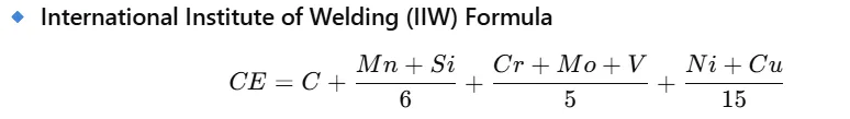 IIW Carbon Equivalent formula diagram showing element contributions to CE value