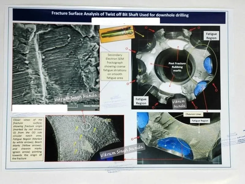 Fractography of shaft fatigue failure showing beach marks and initiation site on the fracture surface