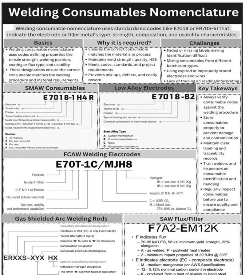 Welding consumable nomenclature chart showing electrode and filler wire classification codes for SMAW, GMAW, FCAW and SAW processes