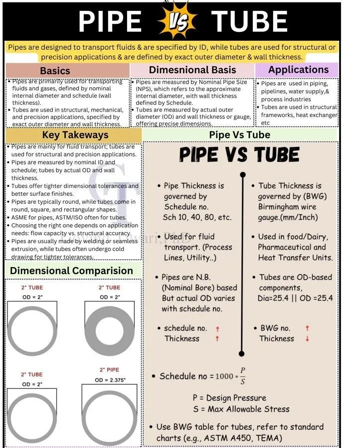 Infographic comparing pipe vs tube showing NPS nominal pipe size with OD of 2.375 inches versus tube with exact OD of 2 inches, illustrating the dimensional difference between pipe and tube