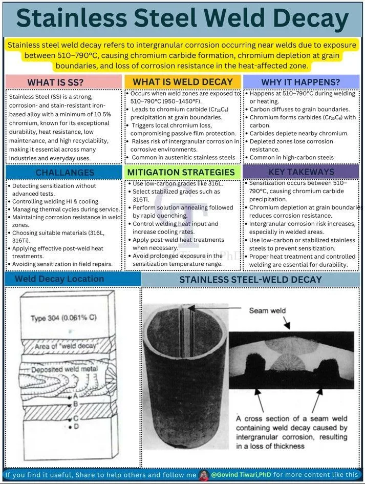 Stainless steel weld decay — intergranular corrosion visible in the heat-affected zone of a welded plate