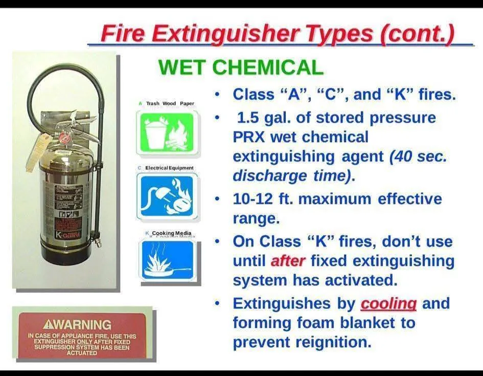 Wet chemical fire extinguisher for Class K cooking oil fires and Class A fires in commercial kitchens