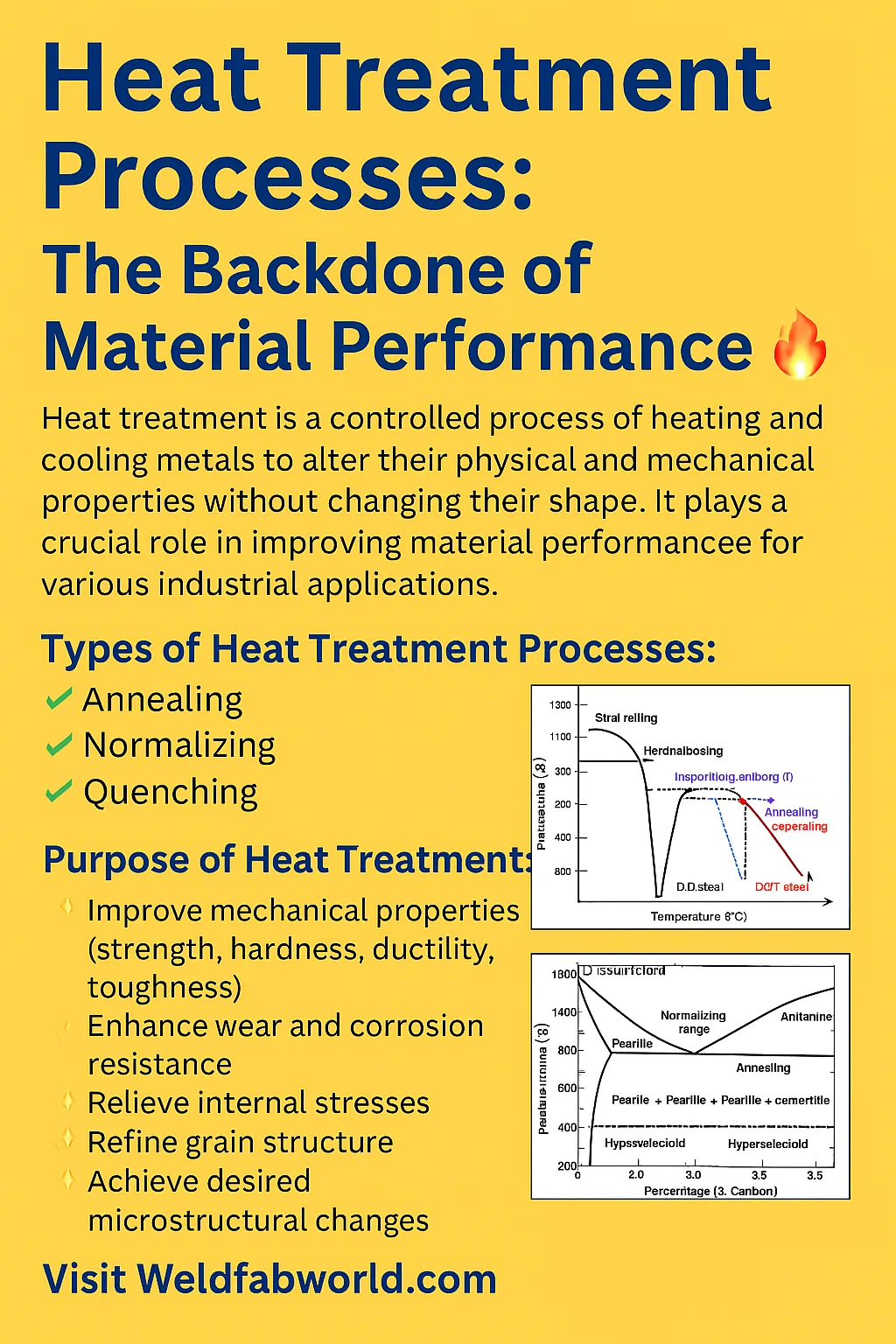 Heat treatment process overview showing iron-carbon phase diagram, TTT curve, and annealing normalizing quenching tempering cycle diagrams for steel
