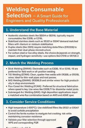 Infographic illustrating welding consumable selection decisions for stainless steel, carbon steel, duplex, and P91 materials