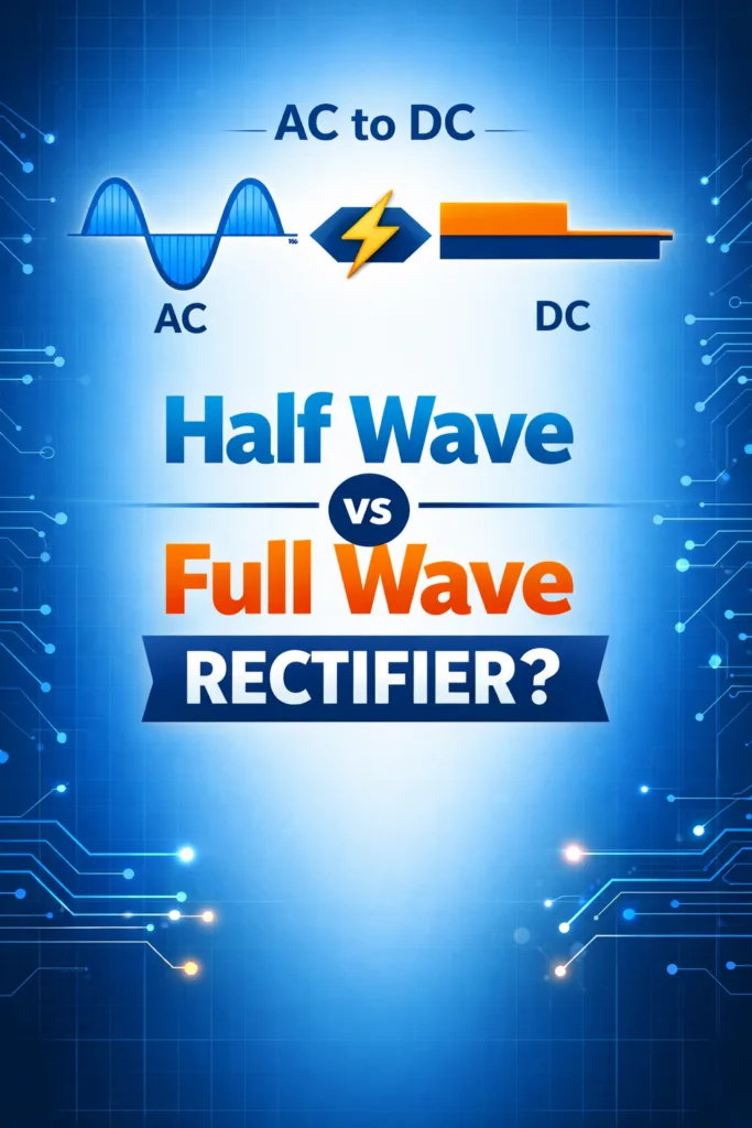 AC sine wave transforming into DC signal — half wave vs full wave rectifier concept