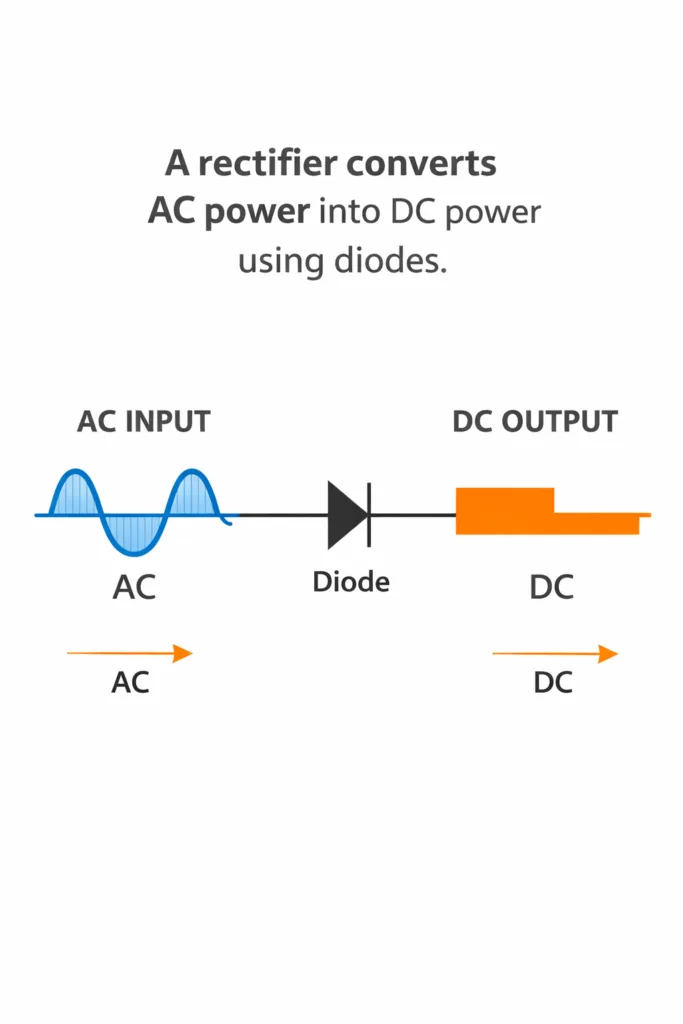 Basic rectifier circuit diagram showing AC input, diode, and DC output with labeled arrows