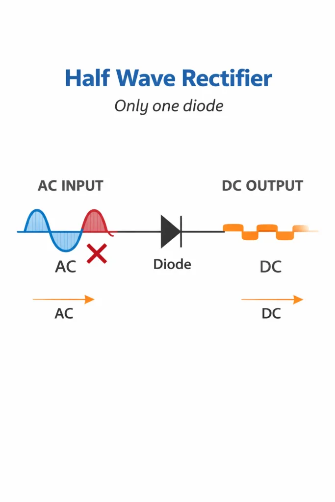 Half wave rectifier circuit with single diode showing blocked negative half cycle and pulsating DC output waveform