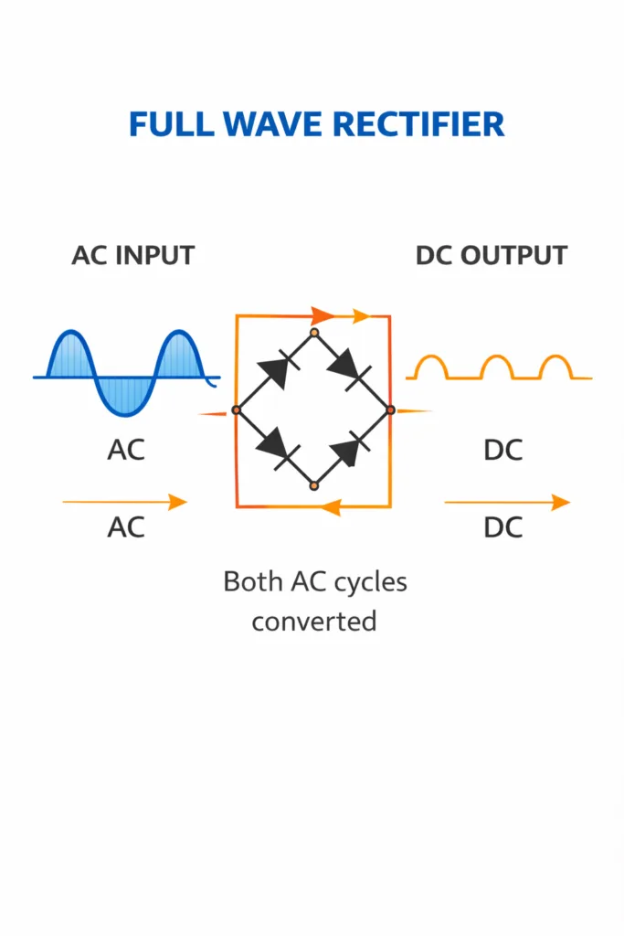 Full wave bridge rectifier circuit with four diodes showing smooth DC output waveform