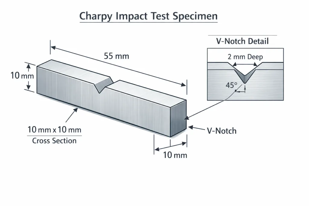 Charpy V-notch impact test specimen showing standard 55mm length, 10mm x 10mm cross-section, and 45-degree V-notch at midpoint