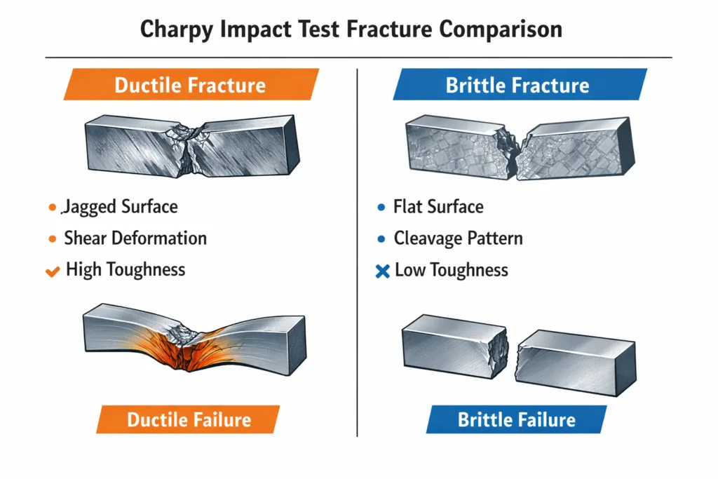 Comparison of brittle versus ductile fracture surfaces from Charpy impact test specimens — flat cleavage on left versus shear deformed surface on right