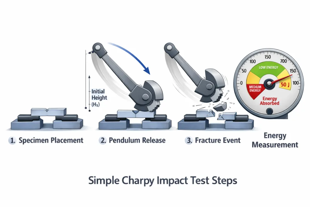 Charpy impact test procedure showing pendulum hammer swinging to strike the notched specimen on the anvil supports