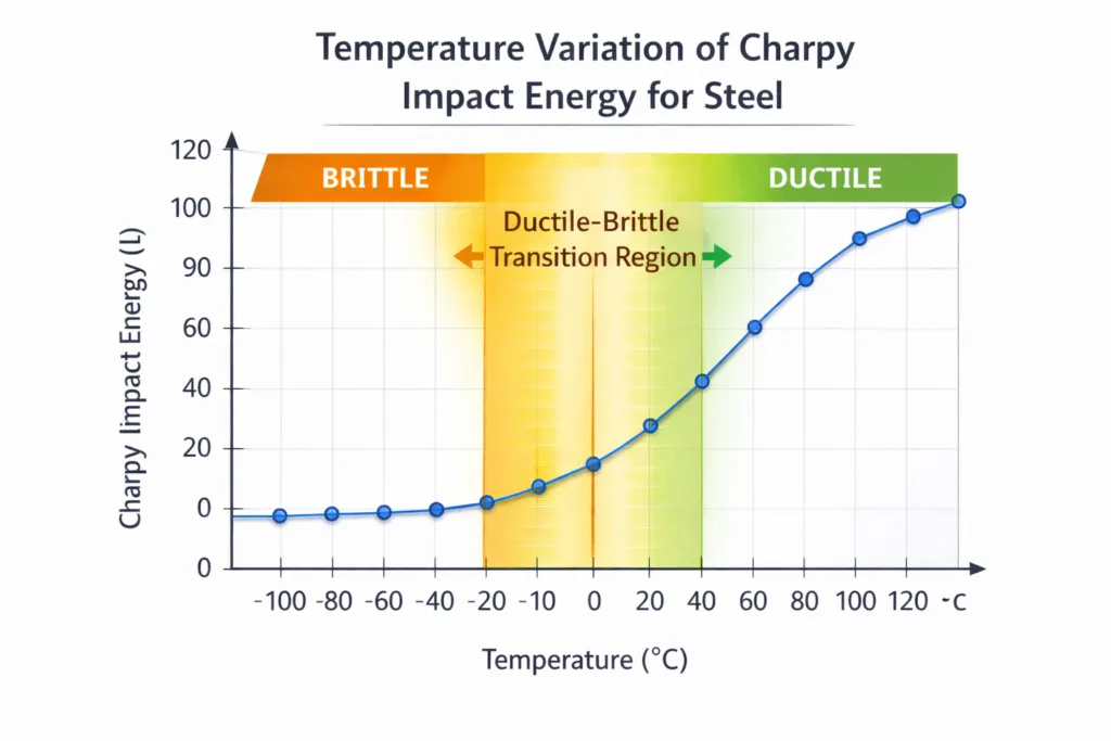 Graph showing temperature variation of Charpy impact energy for steel — high upper shelf energy at elevated temperatures transitioning through the ductile-to-brittle transition zone to low lower shelf energy at sub-zero temperatures