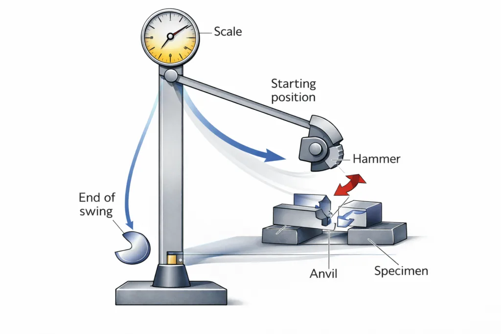 Charpy impact test setup showing specimen positioned on anvil supports of a pendulum testing machine