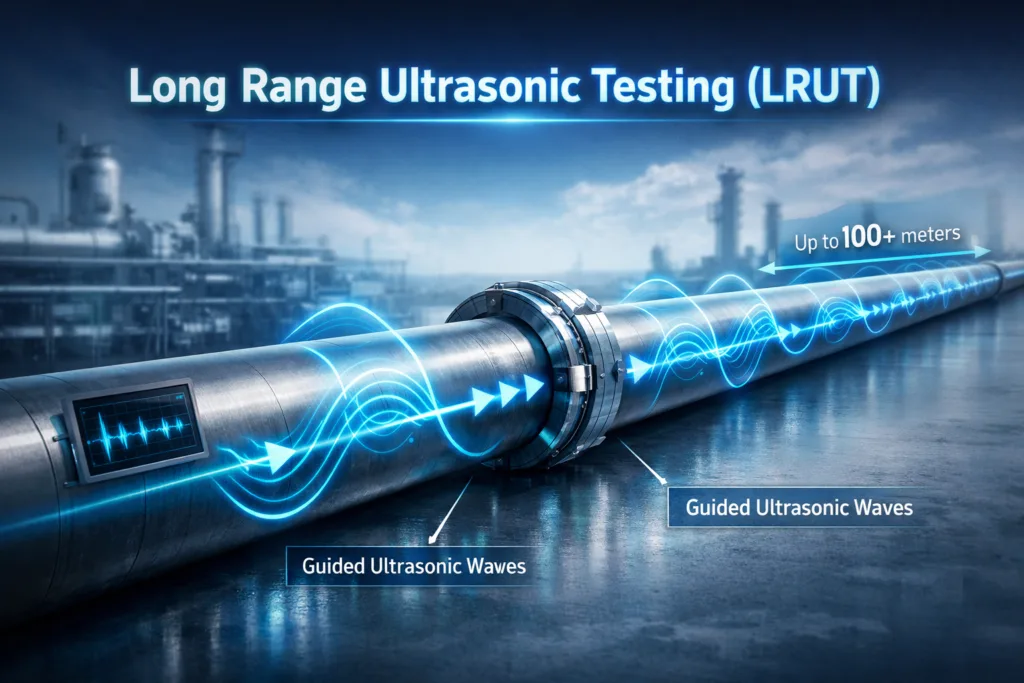 Long range ultrasonic testing LRUT system clamped around a pipeline showing guided wave propagation