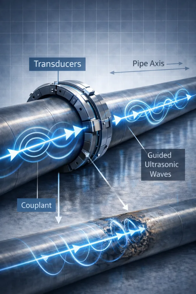 LRUT transducer ring clamped around pipe with arrows showing guided wave propagation in both directions along pipe axis