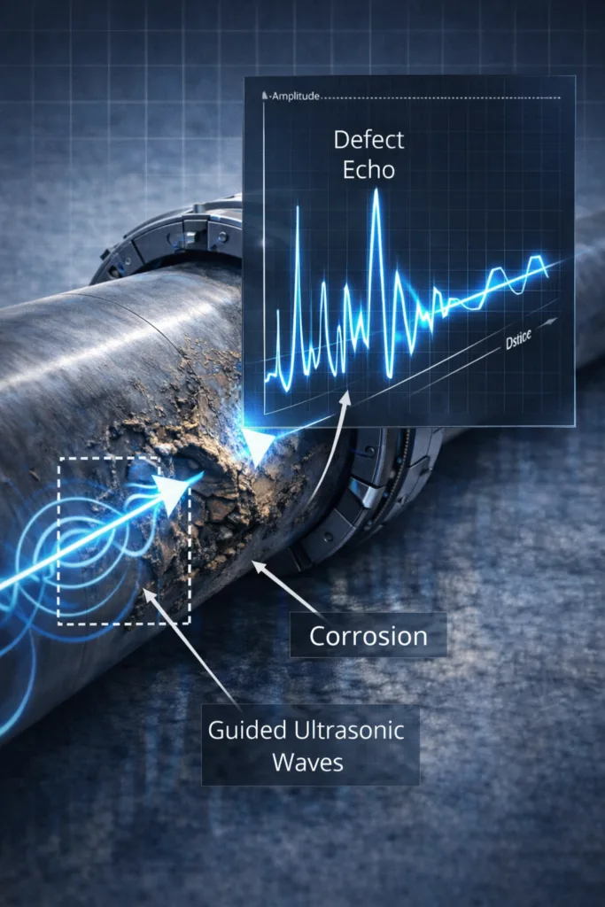 LRUT A-scan waveform display showing pipeline echoes from welds, supports, and corrosion defects with amplitude vs distance axes