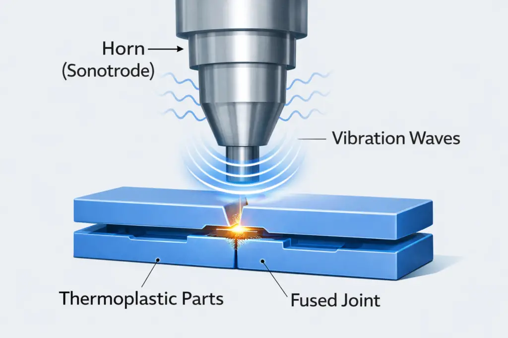 Ultrasonic welding process showing horn, vibration waves, and plastic parts