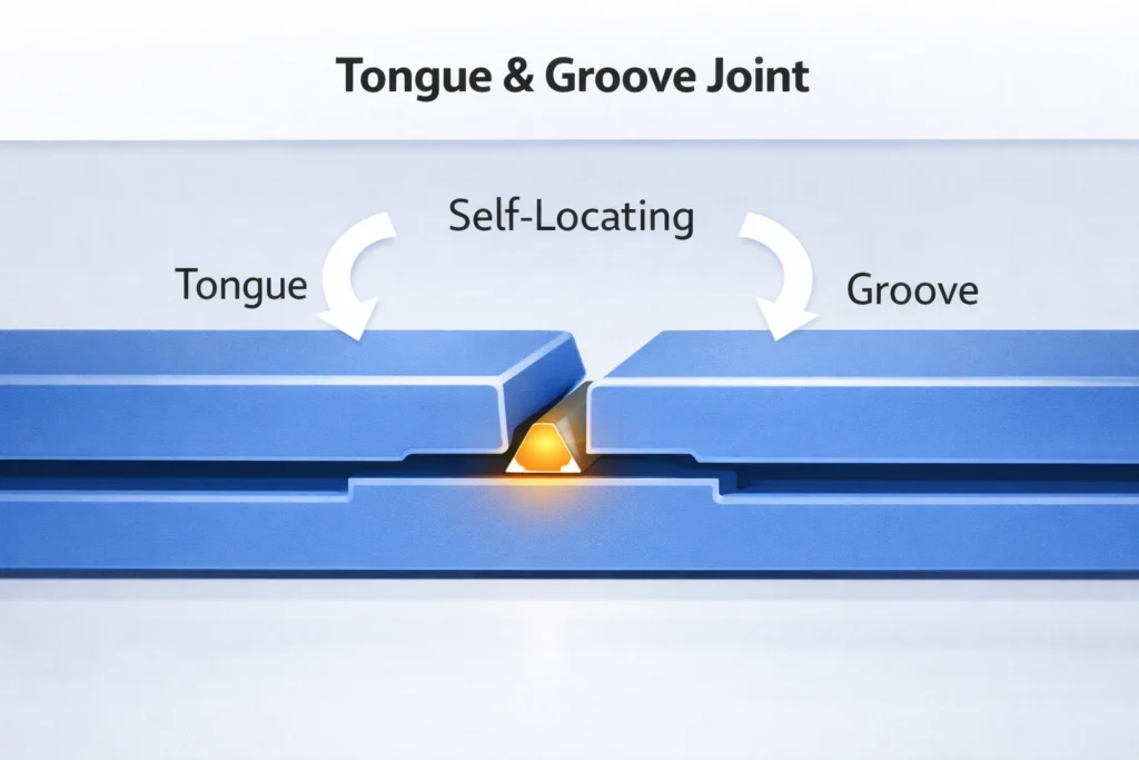 Diagram showing a tongue and groove joint with arrows showing self-locating