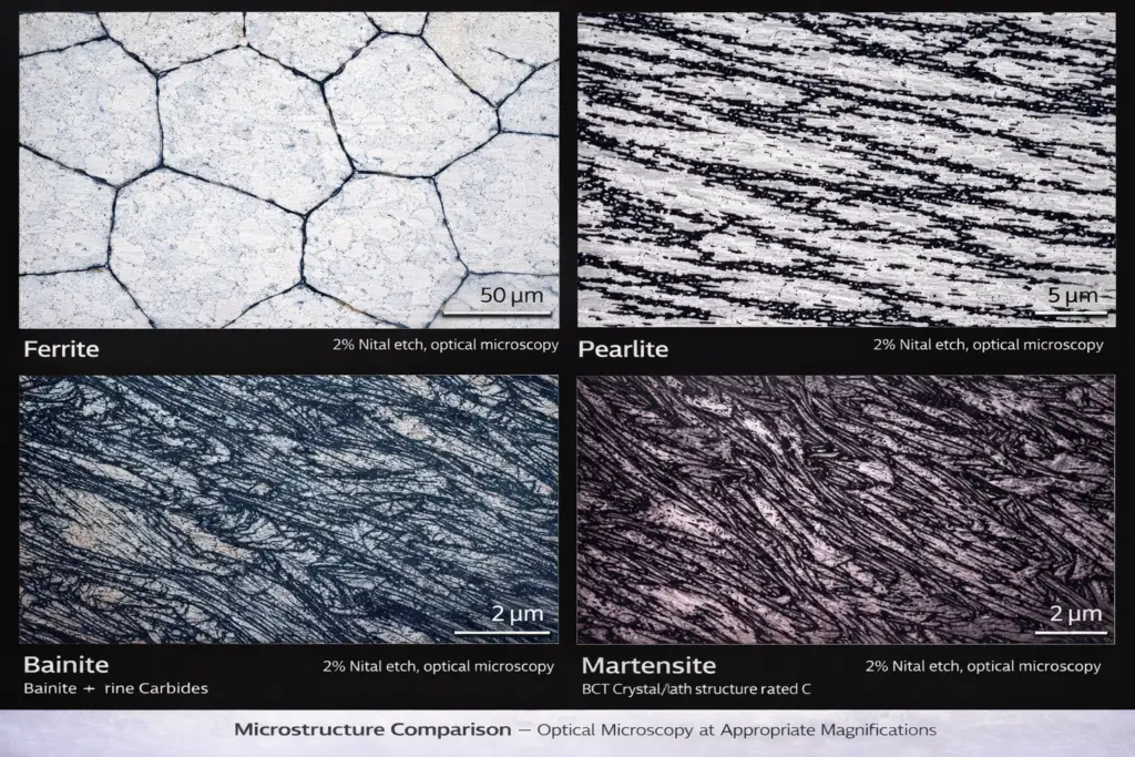 Microstructures of steel under 2% Nital etch