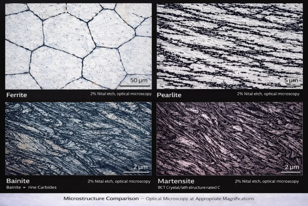 Microstructures of steel under 2% Nital etch
