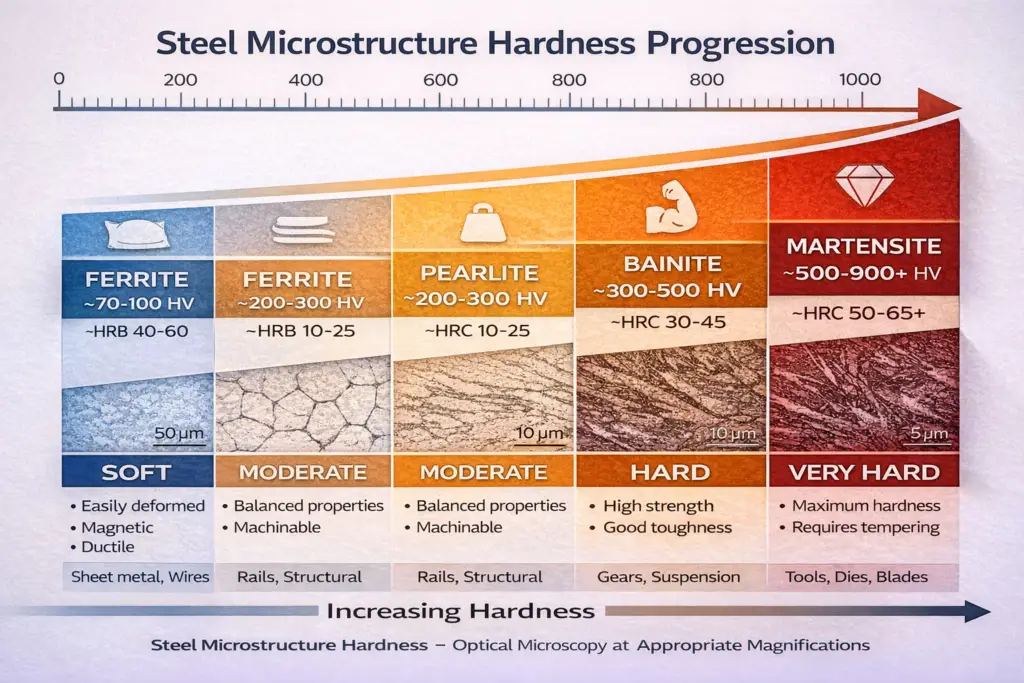 Steel microstructure hardness progression chart