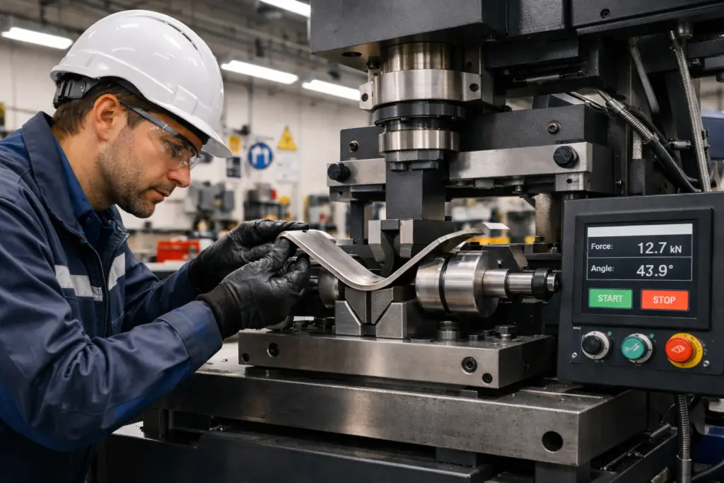 Technician operating bend testing machine