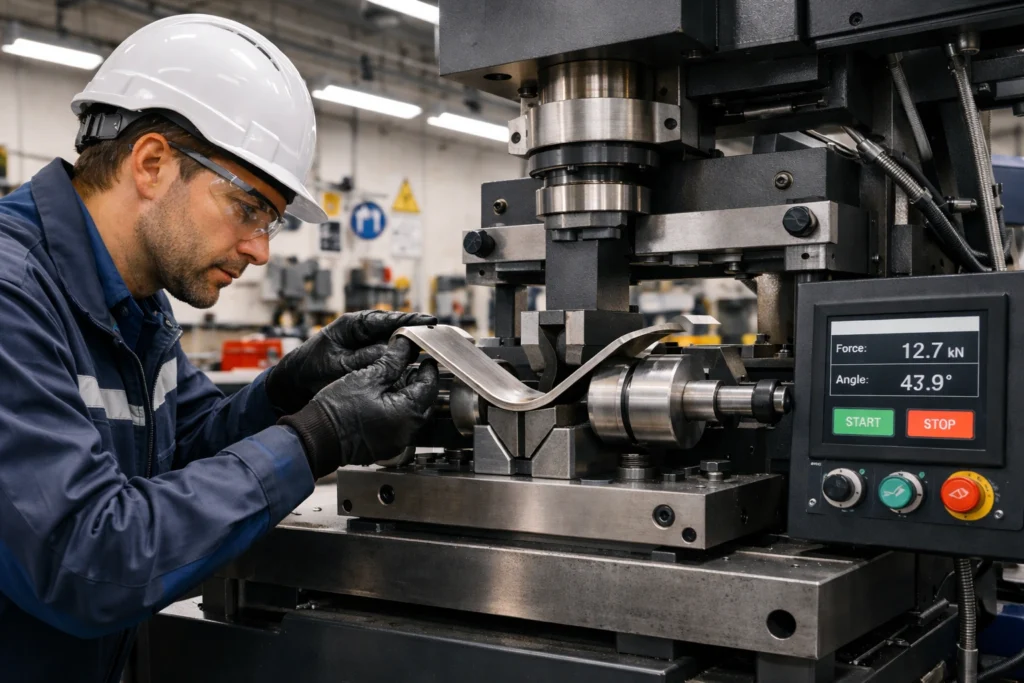 Technician operating bend testing machine