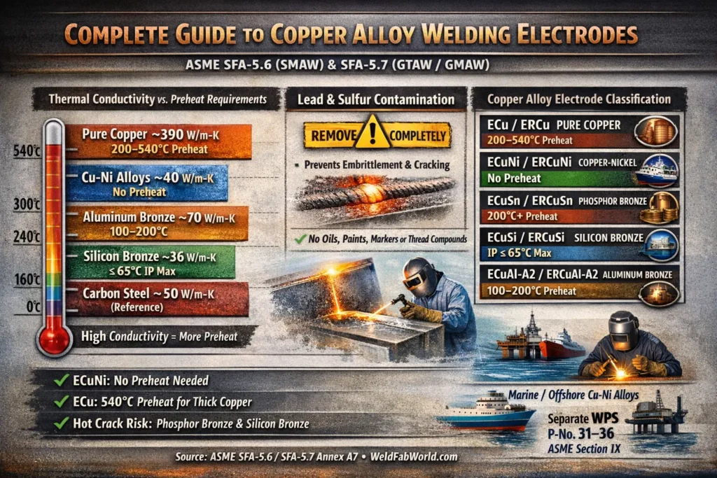 Infographic showing copper alloy welding electrodes per ASME SFA-5.6 and SFA-5.7, including ECu, ECuNi, ECuSi, ECuSn, and ECuAl classifications with preheat requirements, thermal conductivity comparison, and contamination warnings.”