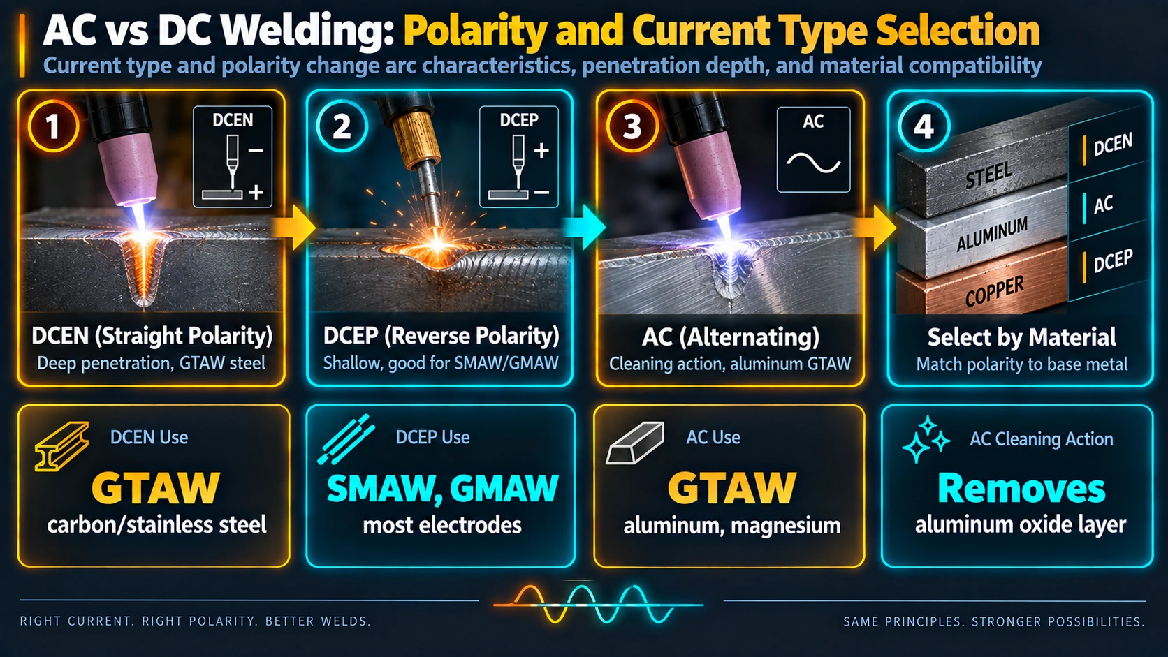 AC versus DC welding polarity selection: DCEN, DCEP, and AC compared