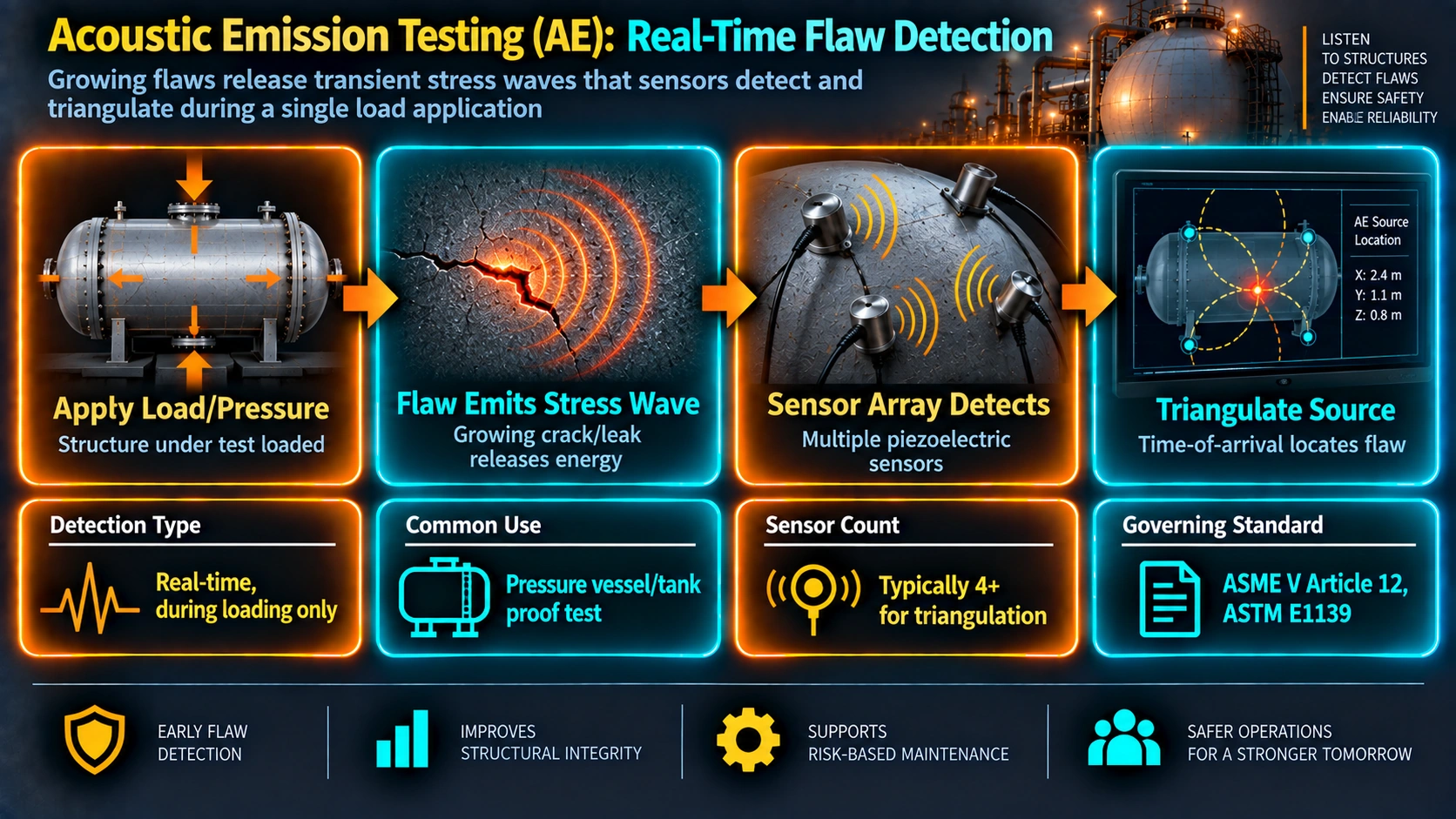 Acoustic emission testing process for real-time flaw detection during loading