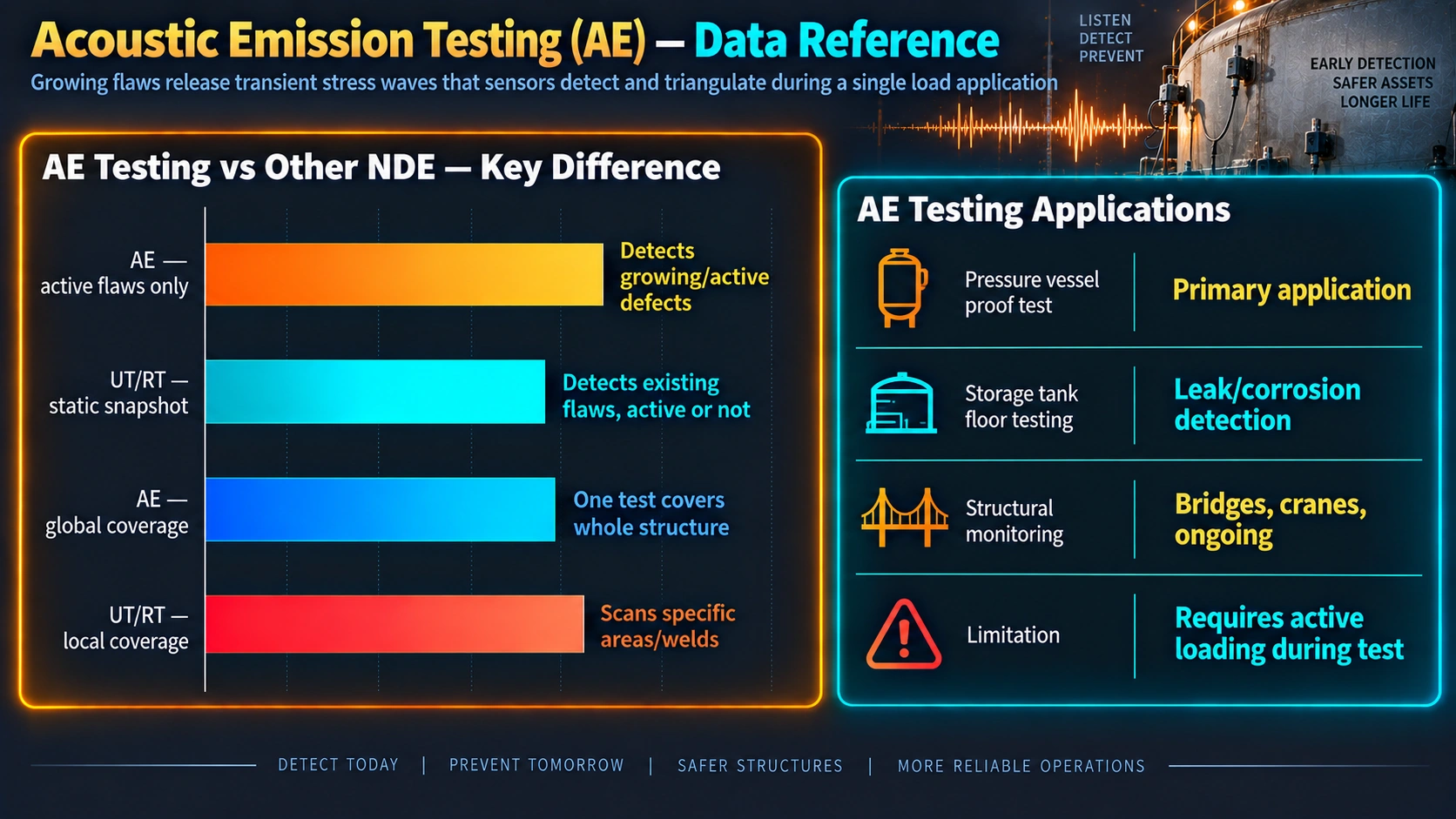 Acoustic emission testing compared to other NDE methods and its applications