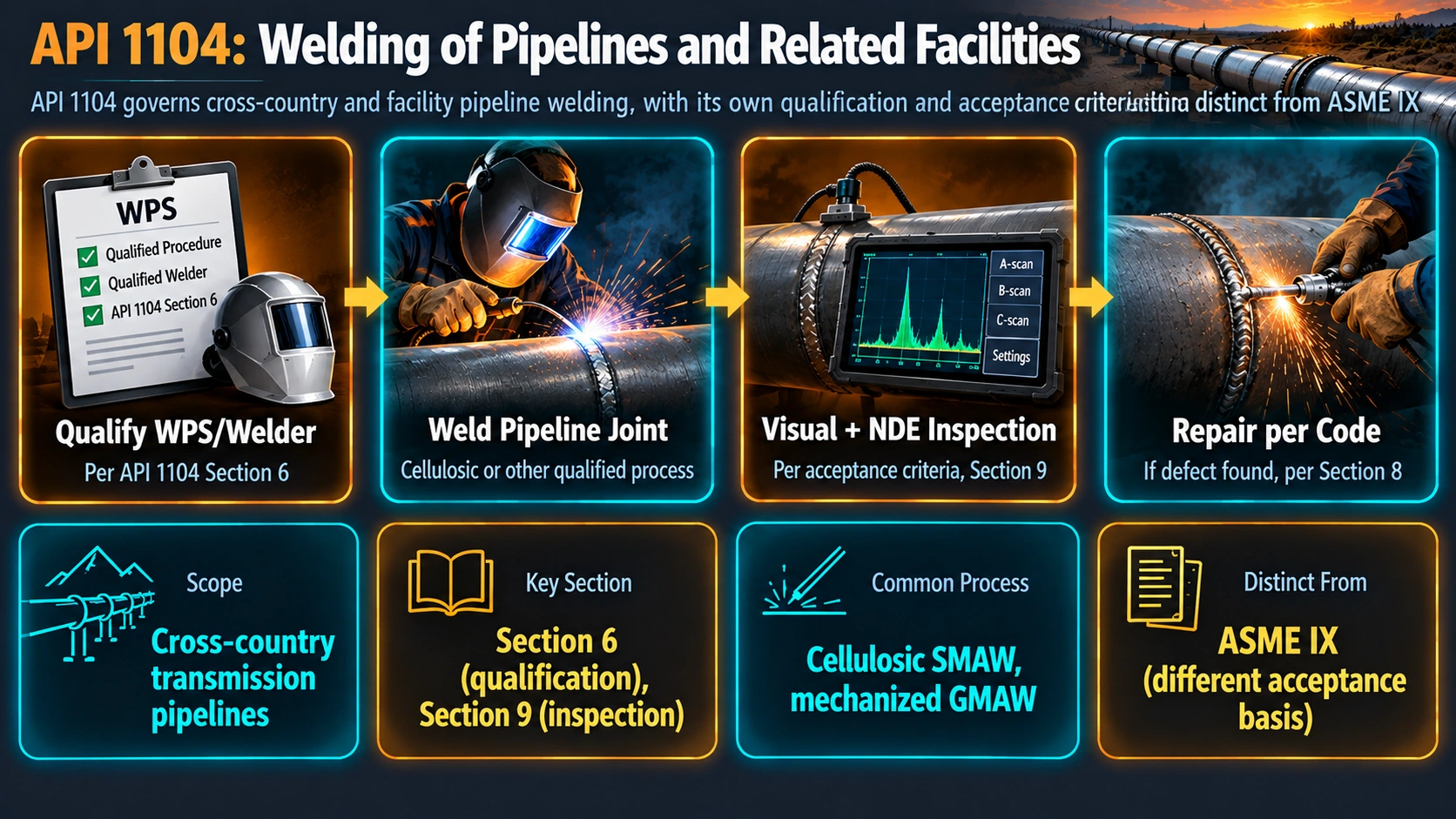 API 1104 pipeline welding qualification and inspection process