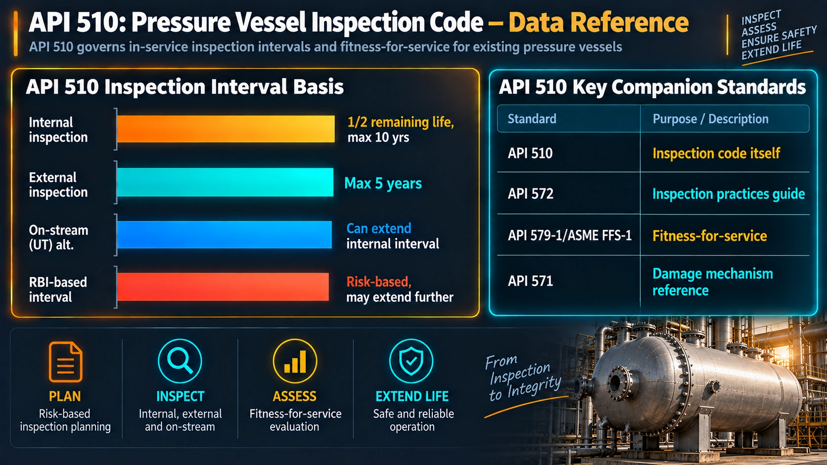API 510 inspection interval basis for internal, external, and on-stream inspection