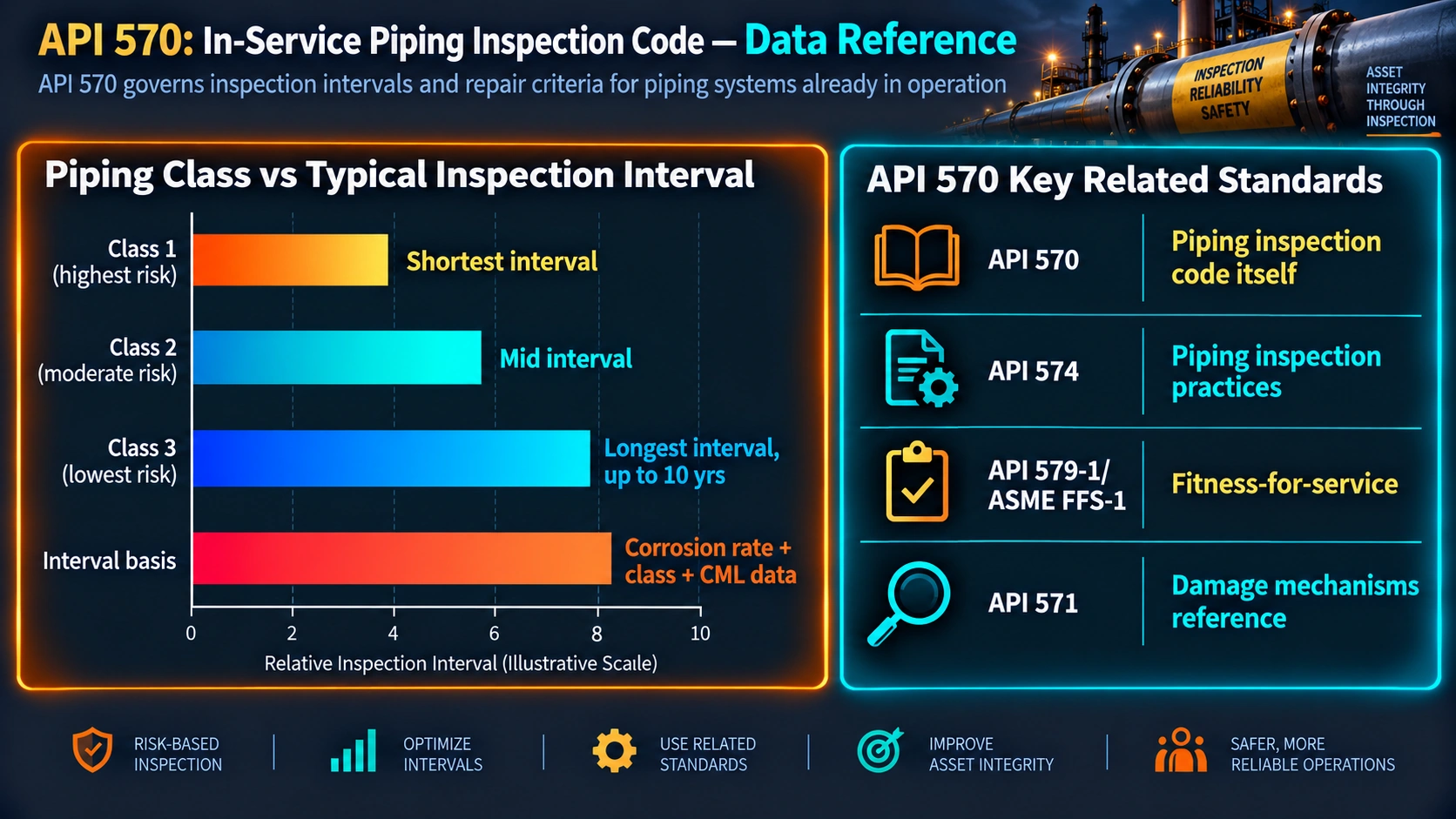 API 570 piping class versus inspection interval and related standards