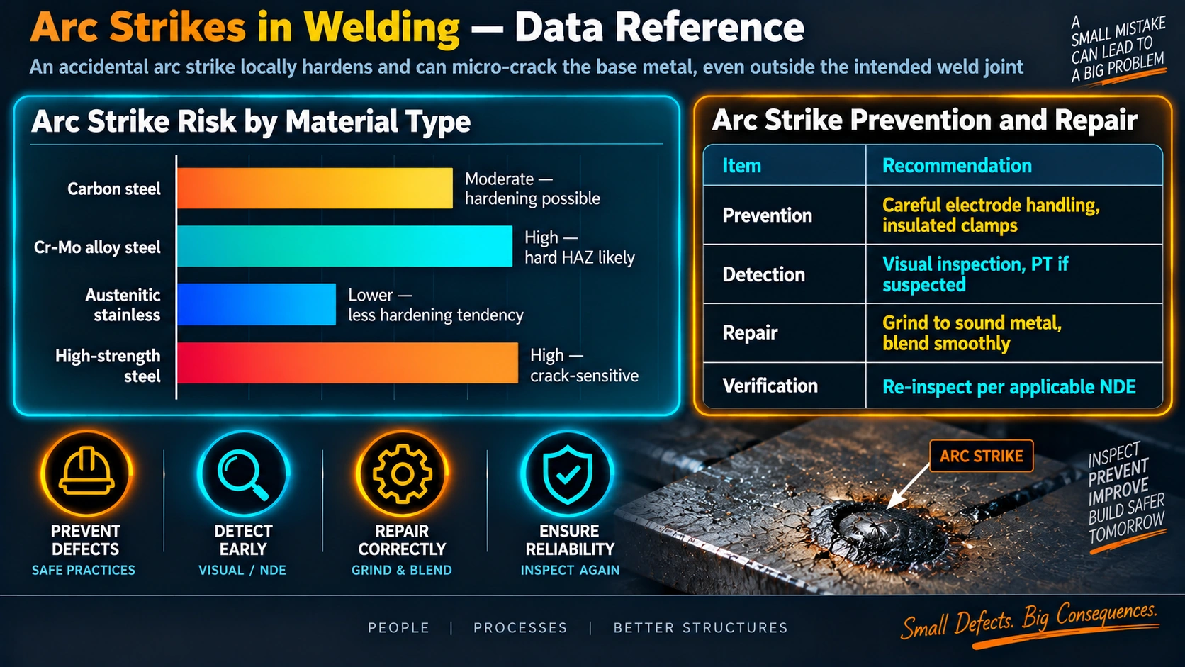 Arc strike risk by material type and prevention and repair methods