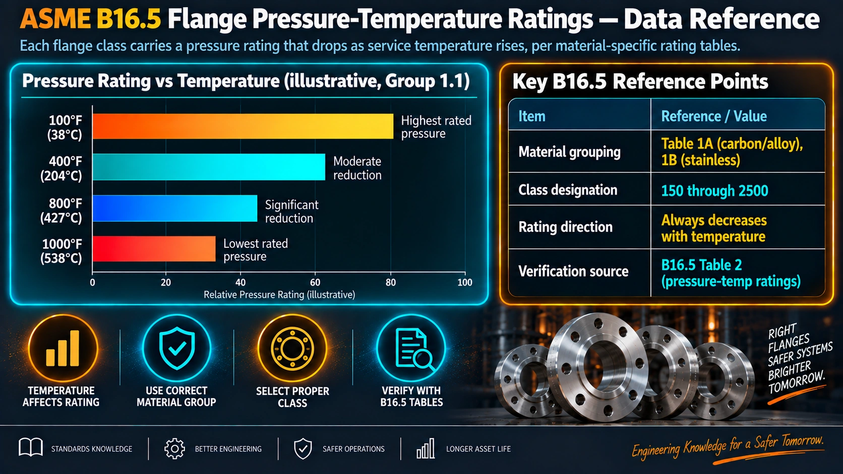 ASME B16.5 flange pressure rating versus temperature and key reference points