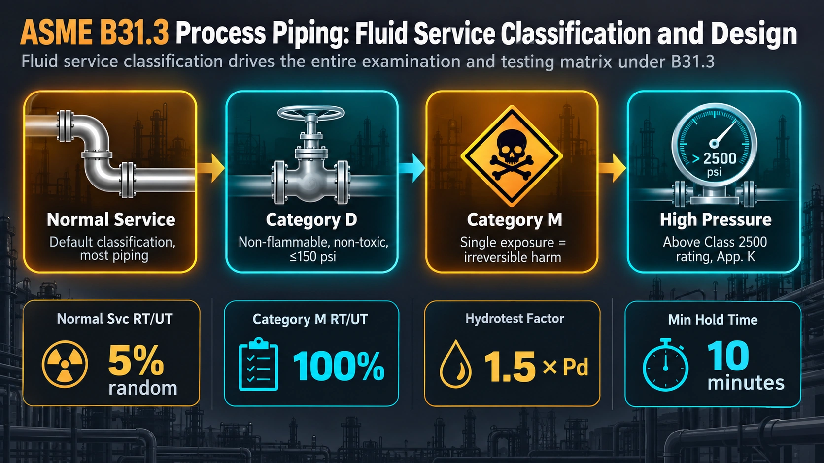 ASME B31.3 fluid service classification: Normal, Category D, Category M, and High Pressure piping