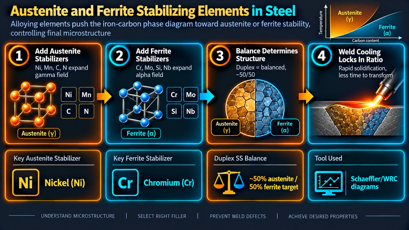 Austenite and ferrite stabilizing elements effect on steel microstructure