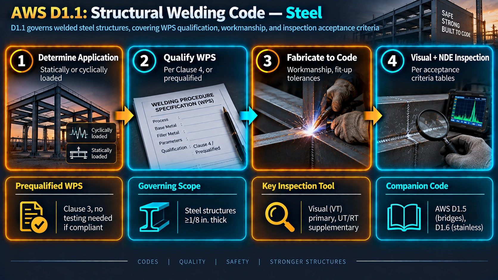 AWS D1.1 structural welding code application process for steel structures
