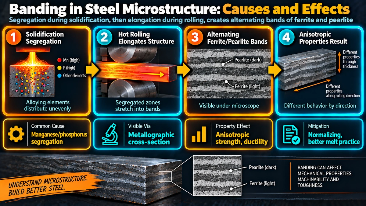 Banding formation process in steel microstructure