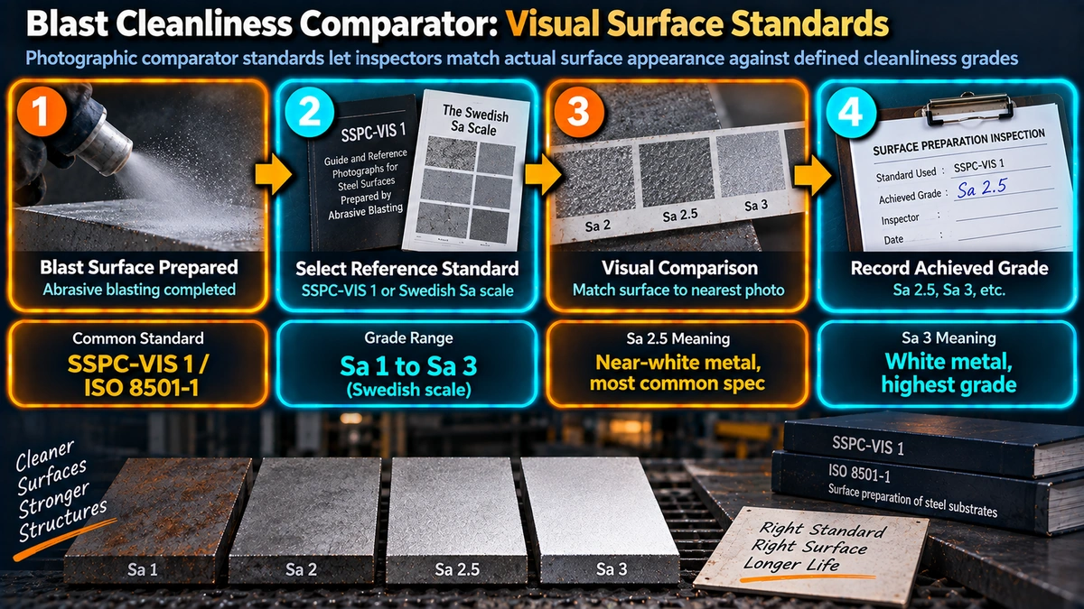 Blast cleanliness visual comparator process using photographic standards