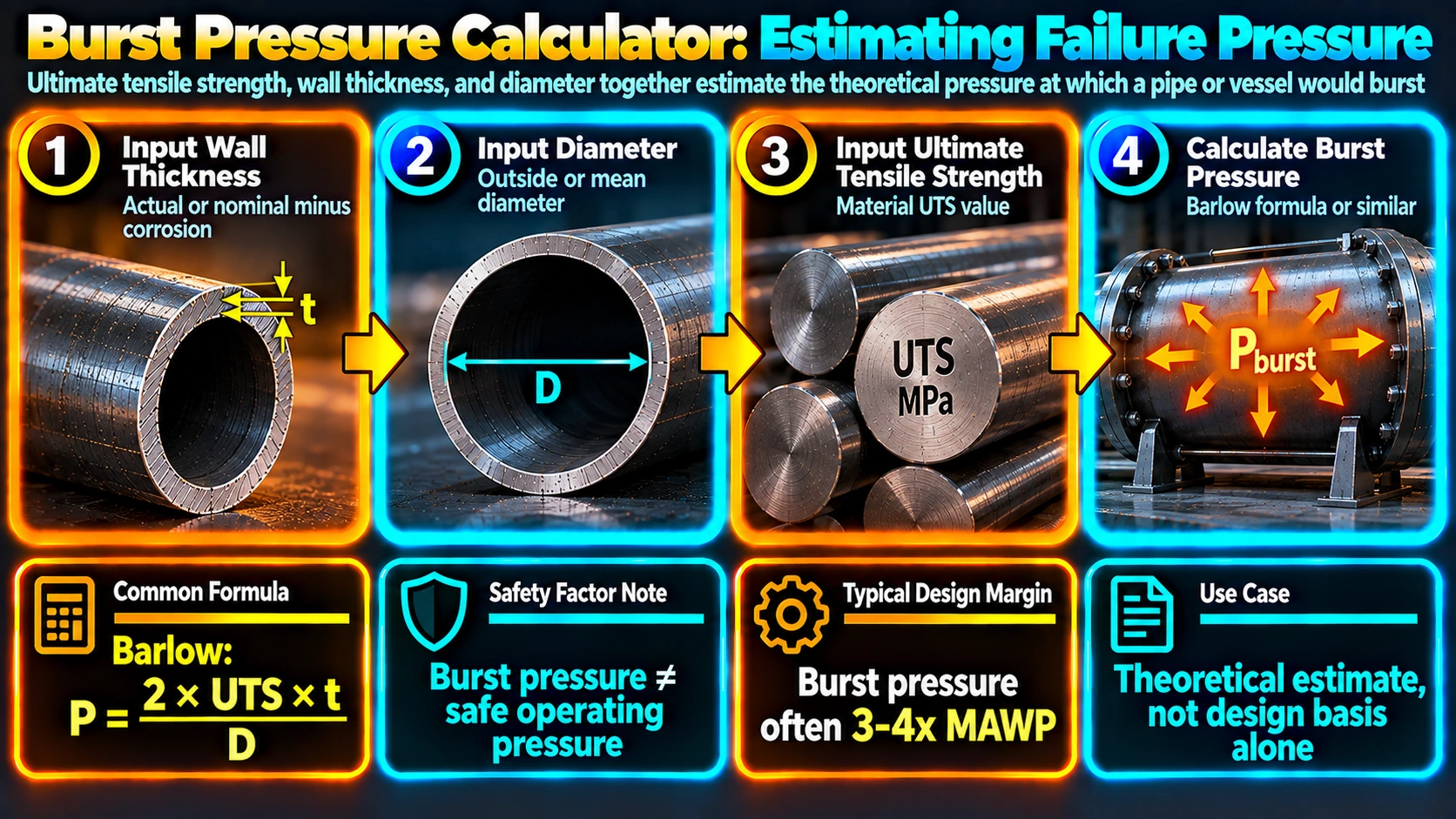 Burst pressure calculator process using Barlow formula