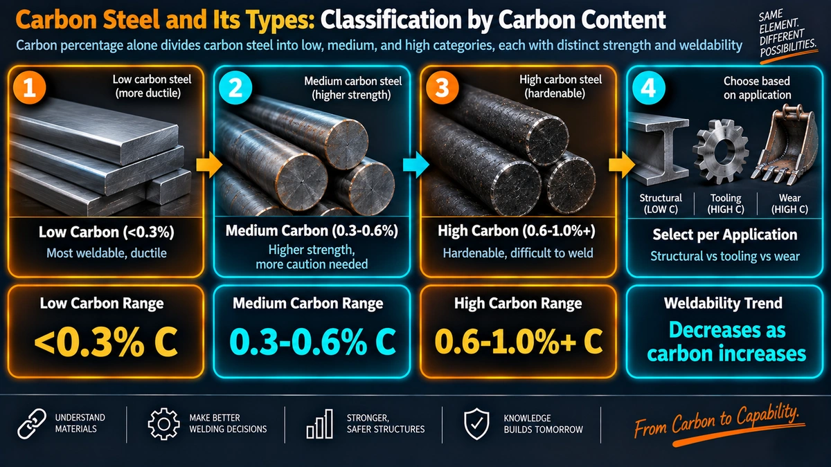 Carbon steel classification by carbon content: low, medium, high