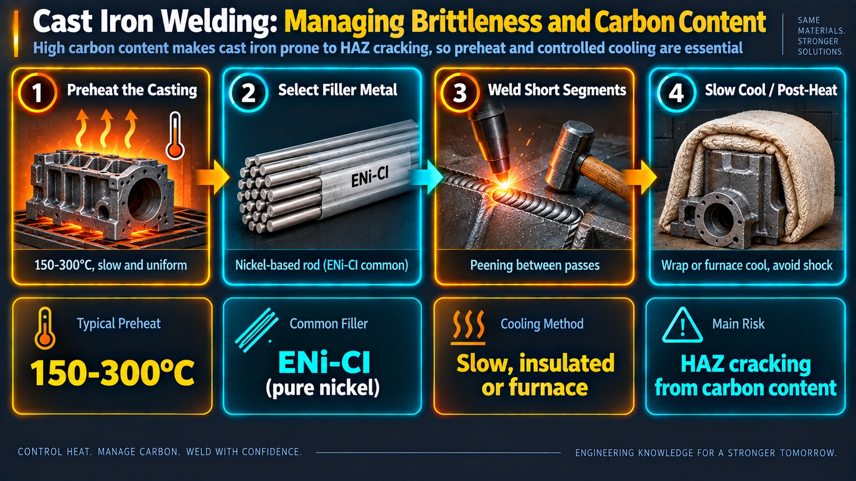 Cast iron welding procedure from preheat through post-weld slow cooling