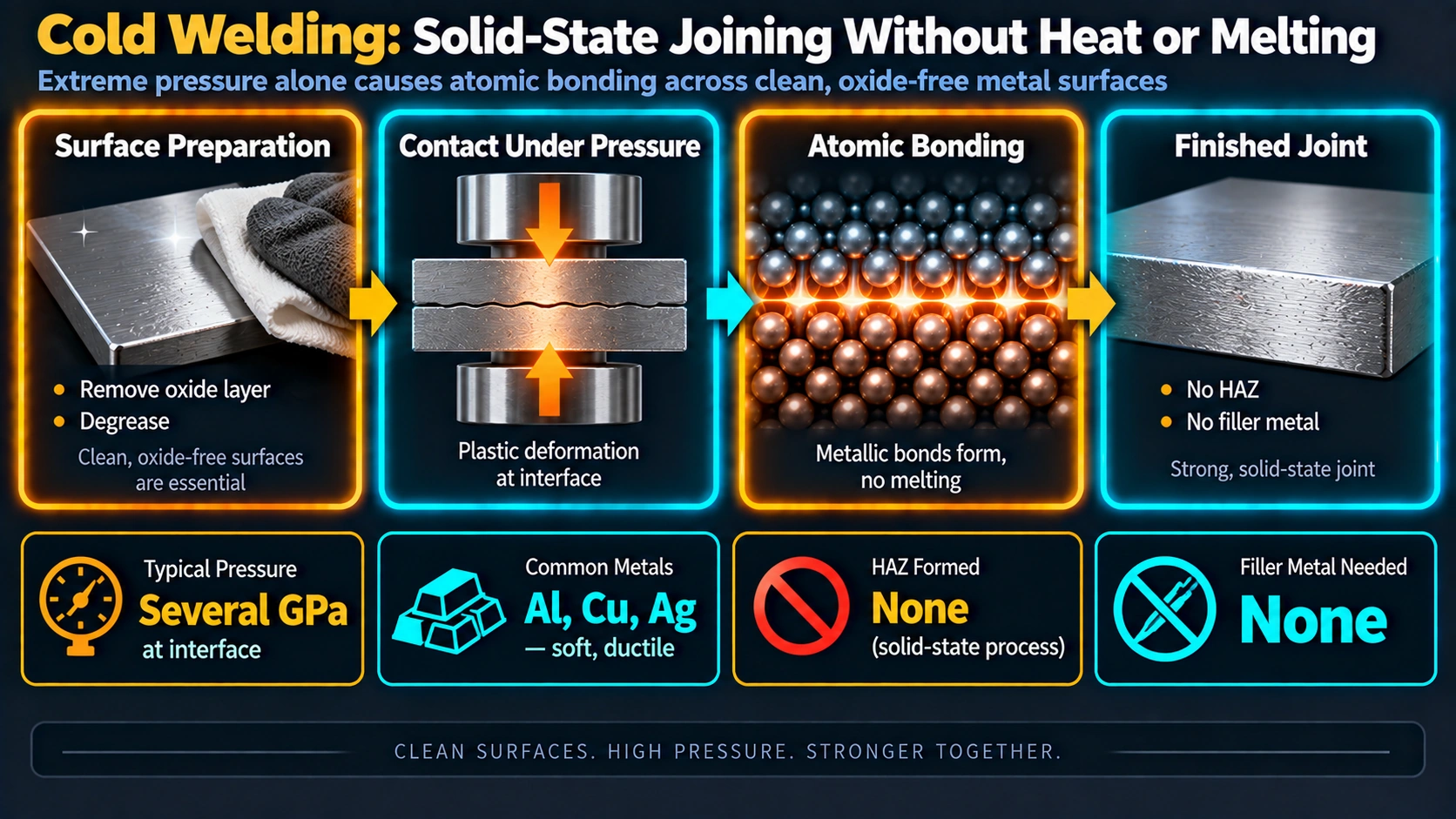 Cold welding solid-state joining process: surface preparation, pressure application, atomic bonding