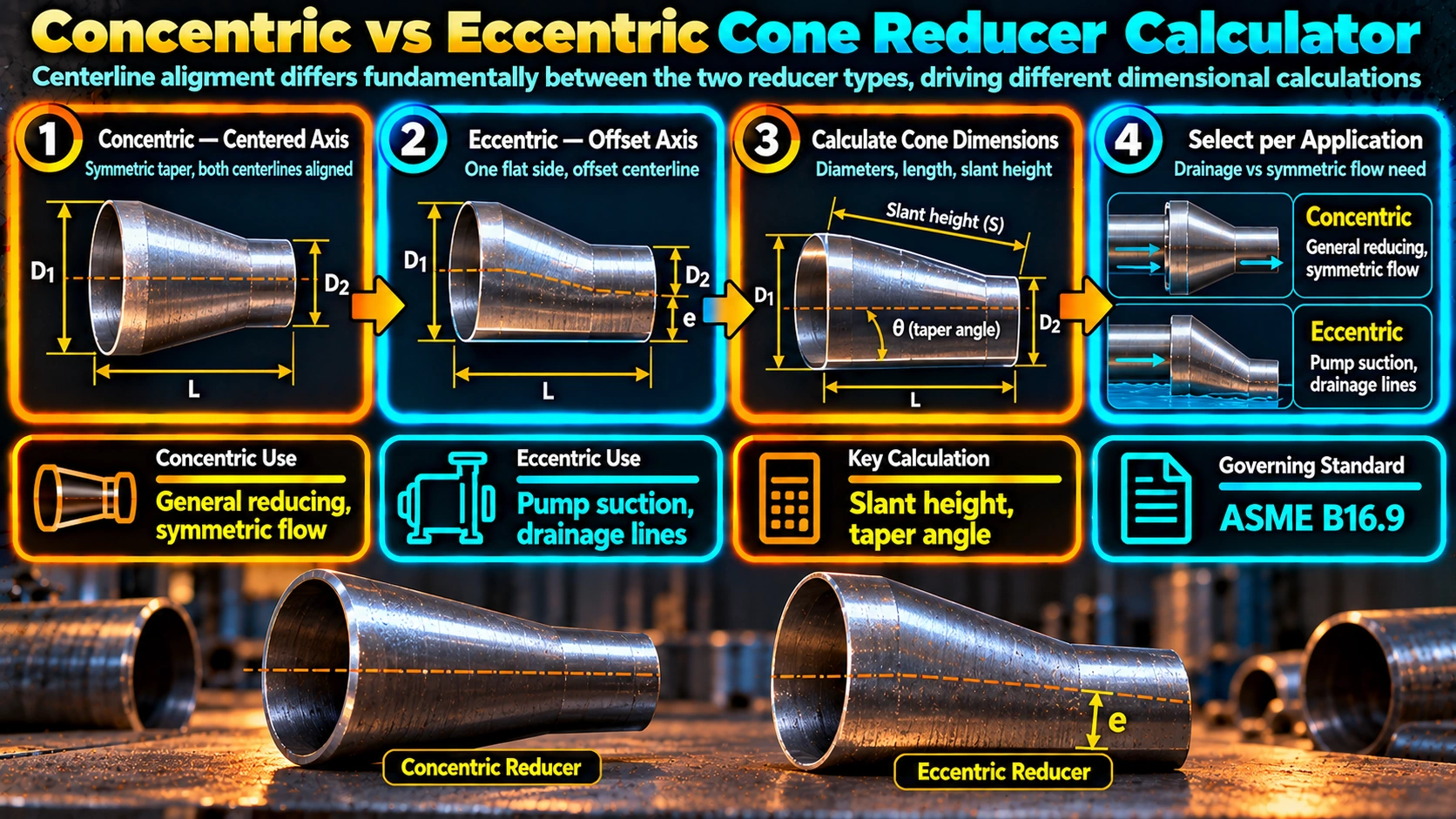 Concentric versus eccentric cone reducer calculation process
