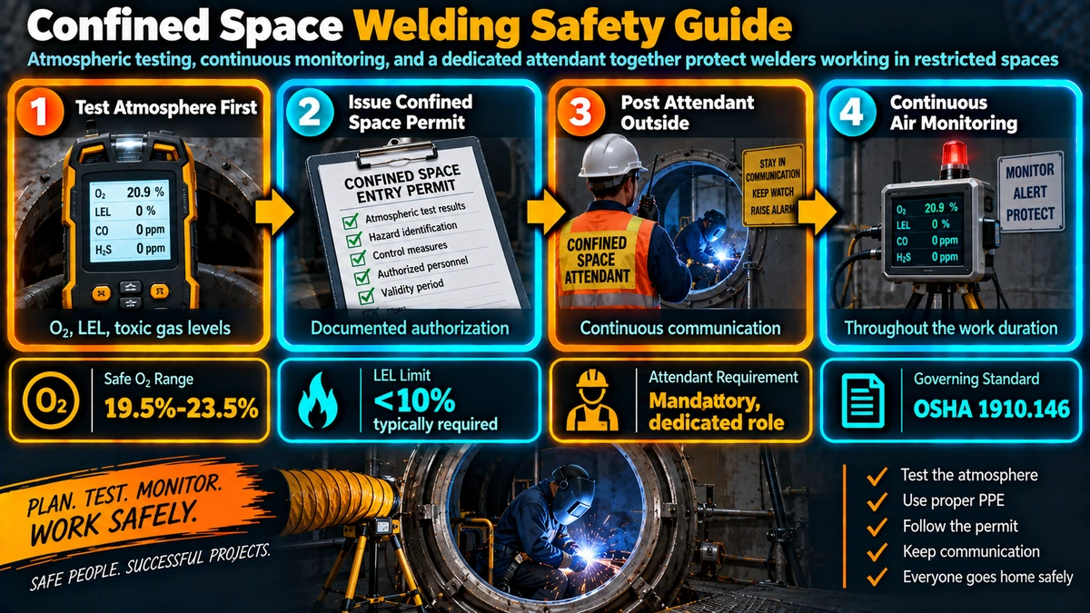 Confined space welding safety process from atmosphere testing to monitoring